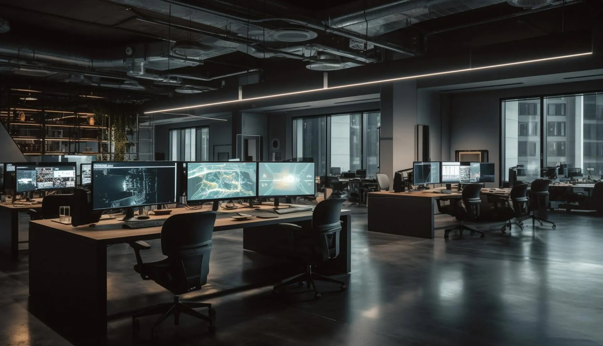 An office space featuring multiple desks equipped with computer screens, showcasing a modern work environment