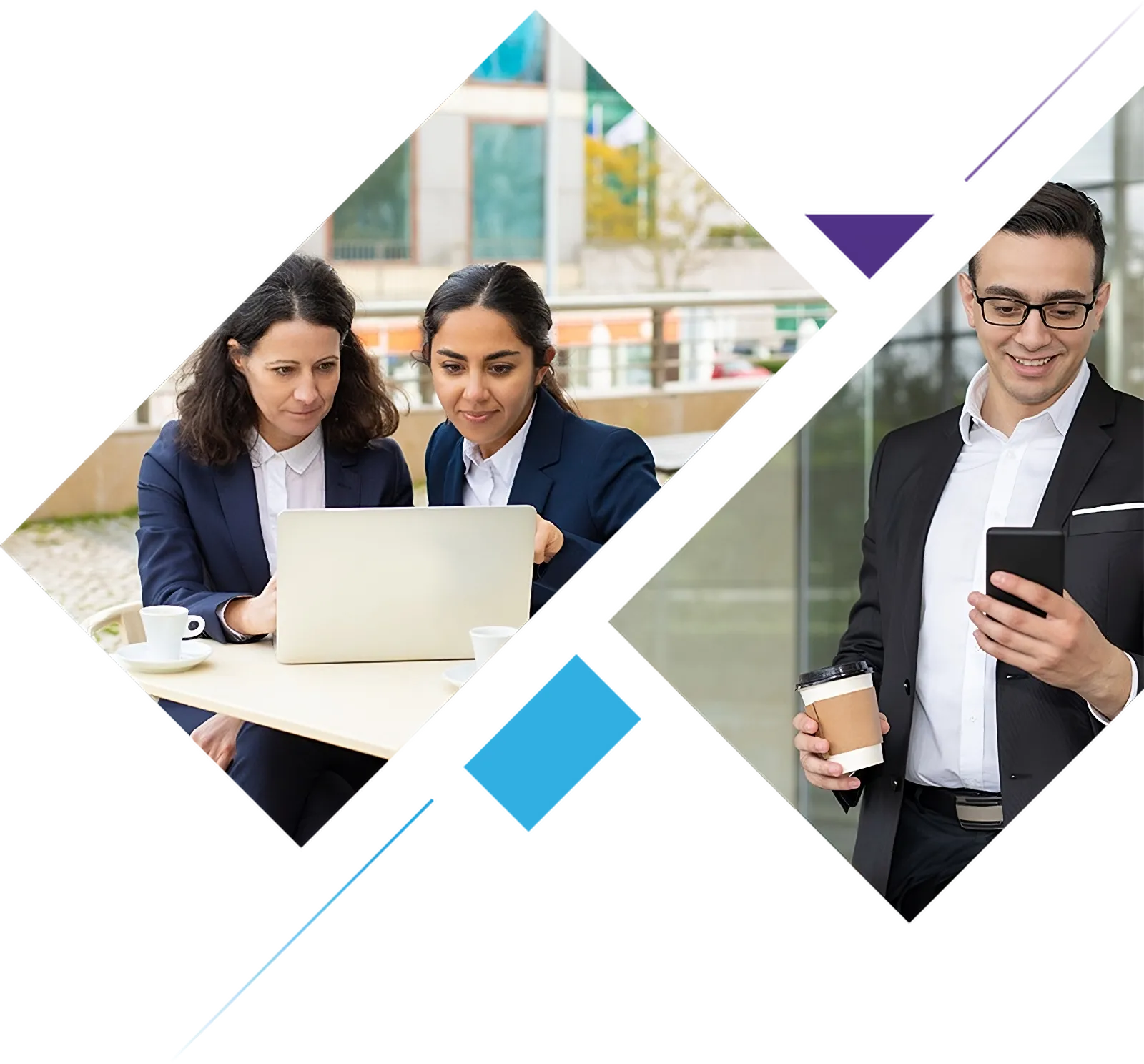 Two individuals in business attire focus on laptops, while a third checks his phone and holds a coffee cup