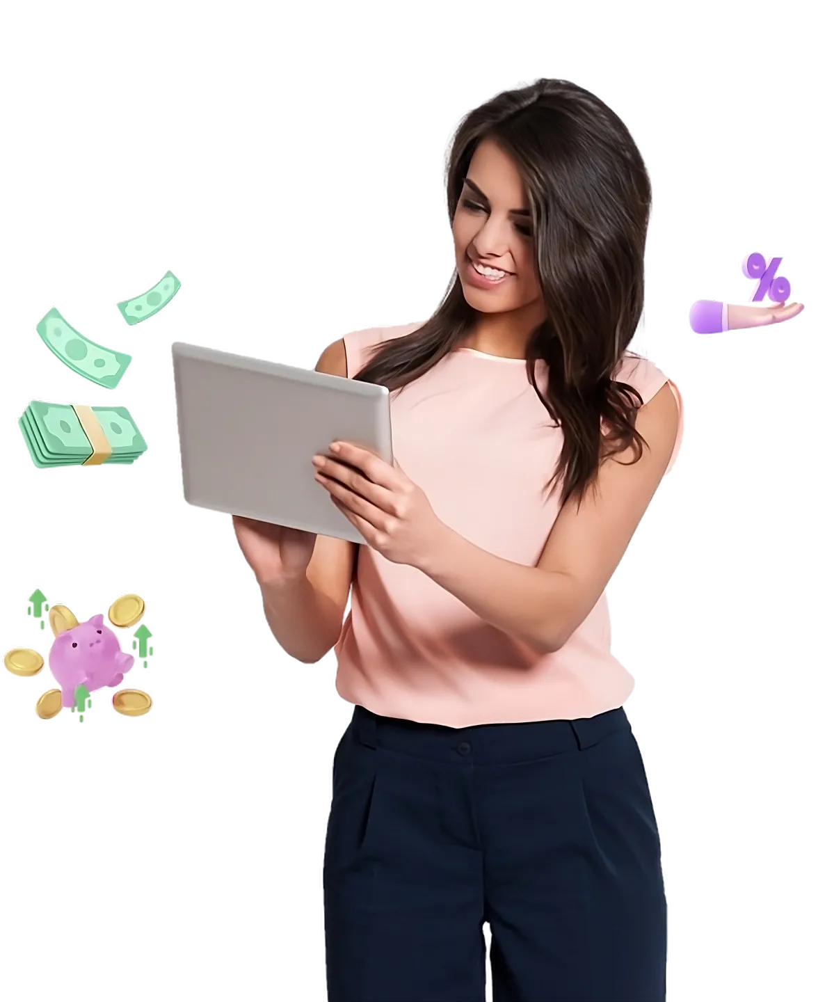 A woman holding a tablet, surrounded by money and items, engaged in an online course