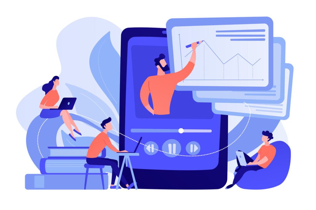 People are engaged with laptops and tablets, while an app on a mobile screen in the background displays graphs for a stock market course.
