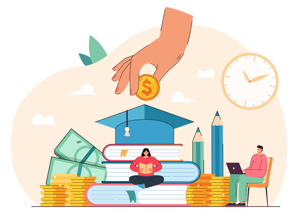A hand adds money to stacks of book as two students learn about achieving financial independence.