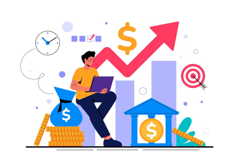 Young man searching on laptop for the best age to invest, surrounded by money and an upward arrow symbolizing growth.