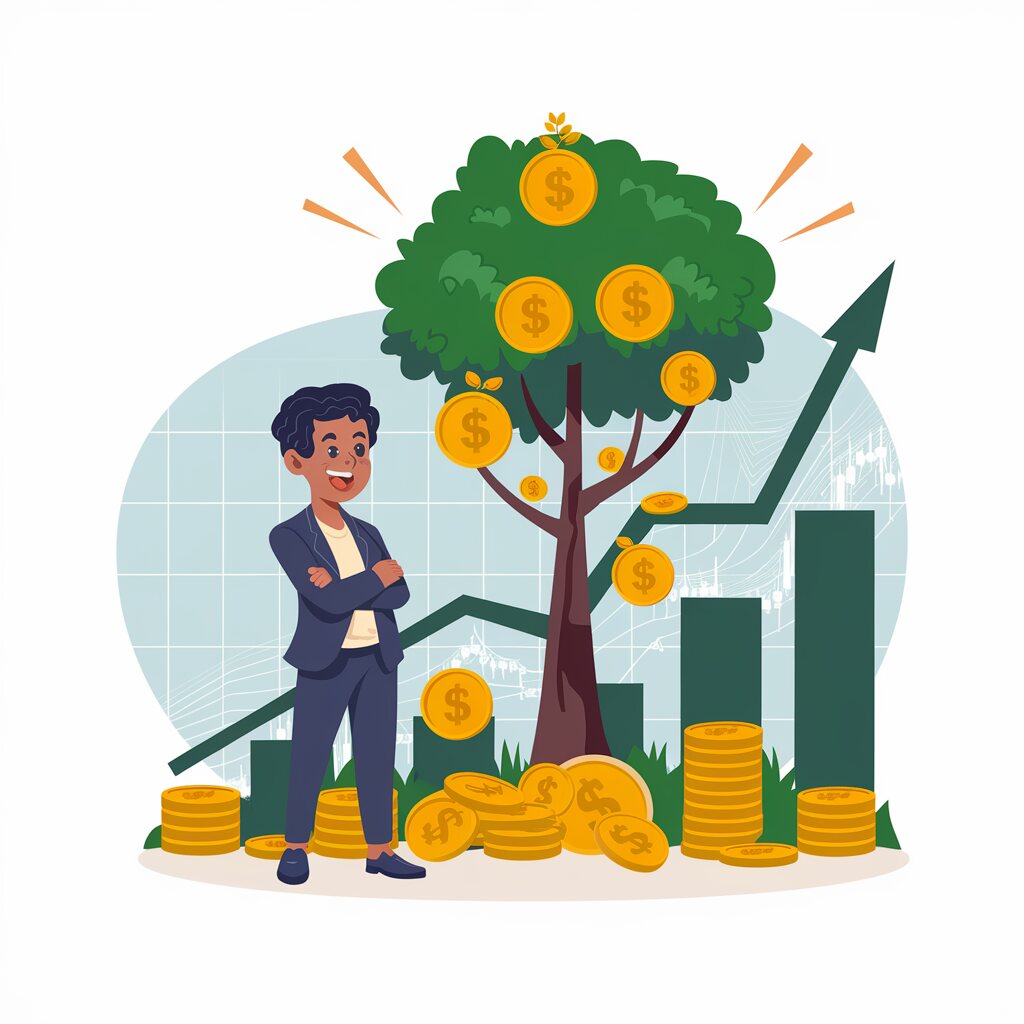 A businessman stands next to a money tree and an upward-moving graph, symbolizing the benefits of investing early.