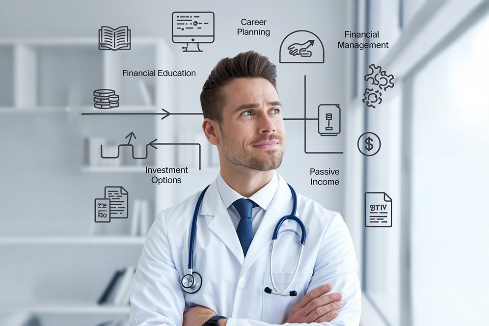 A doctor in a white coat stands thoughtfully, surrounded by icons depicting tips for becoming rich as a doctor.