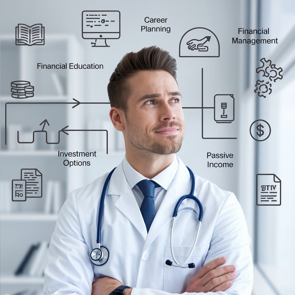 A doctor in a white coat stands thoughtfully, surrounded by icons depicting tips for becoming rich as a doctor.