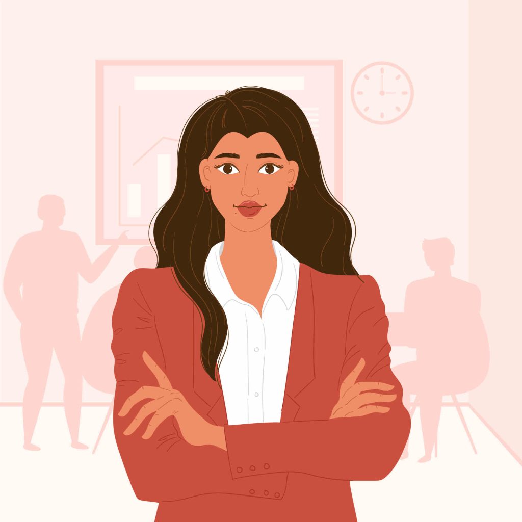 Woman standing in a red coat, thoughtfully looking ahead, contemplating how to become a successful businesswoman.
