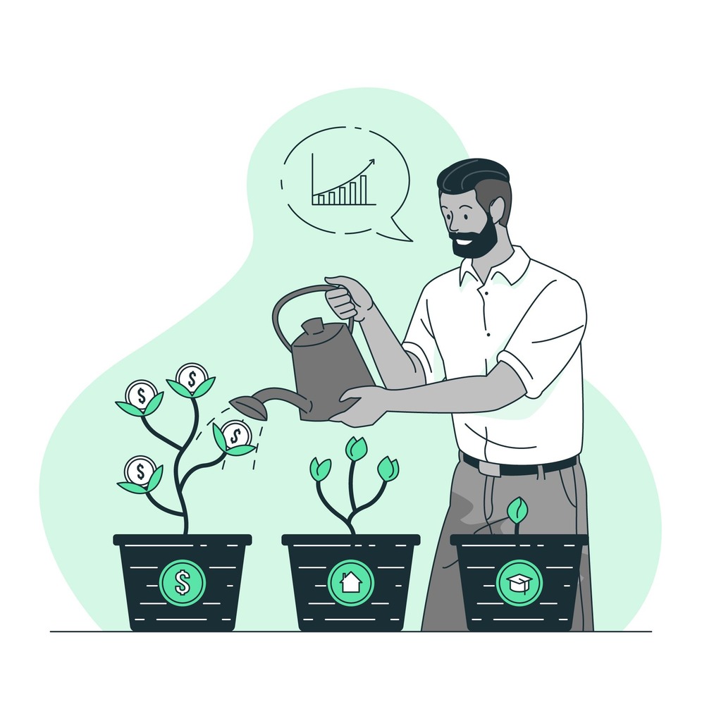 A businessman watering plants with money symbols symbolizes escaping the middle-class trap