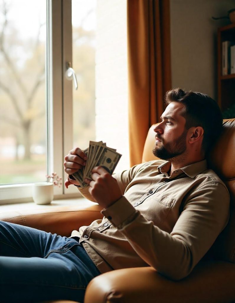 A man is thinking, Is money the most important thing in life while holding money.