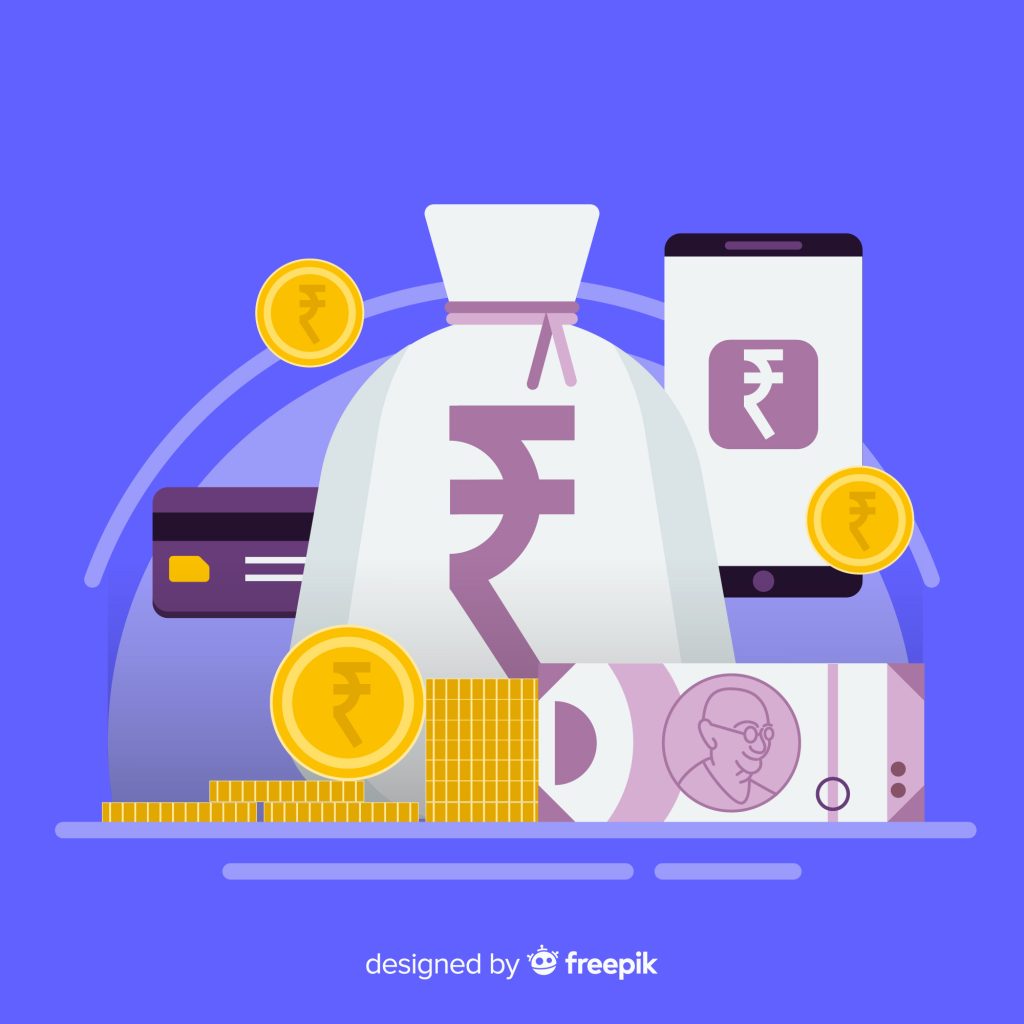 Flat design of Indian currency with various banknotes and coins in vibrant colors.