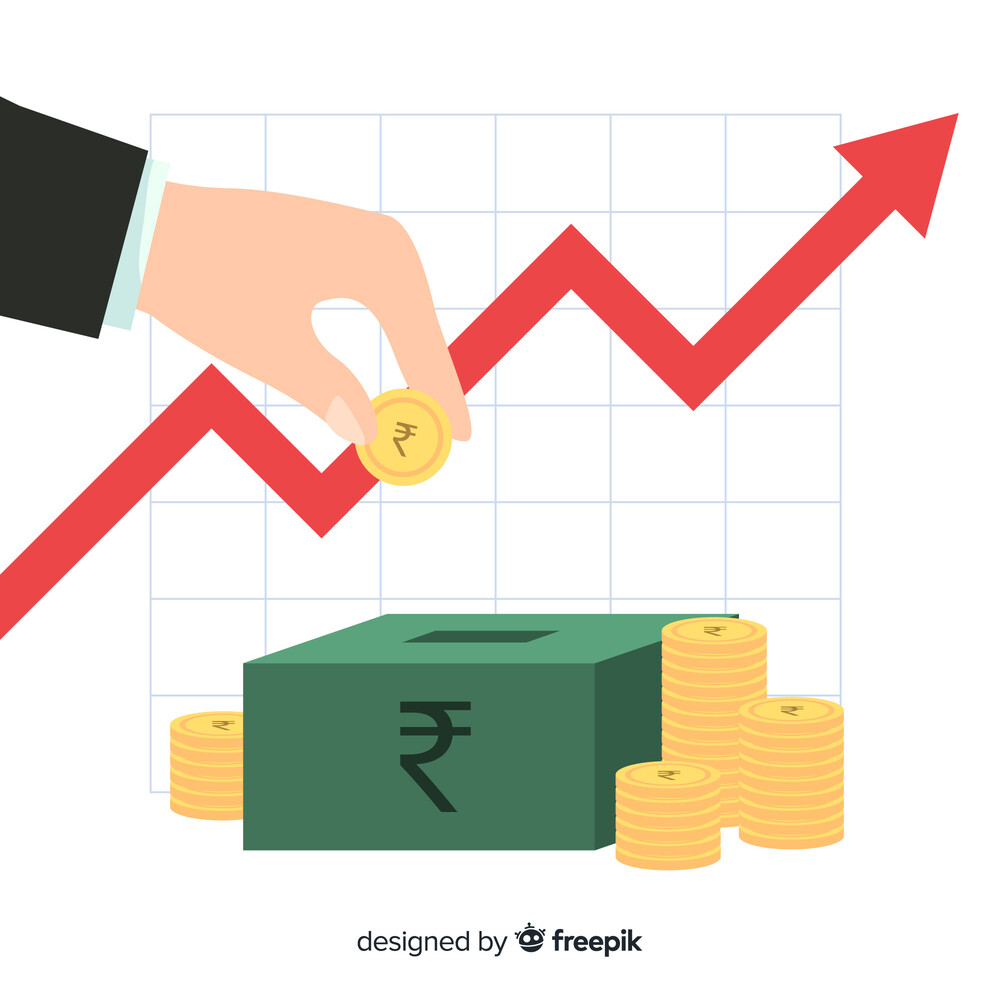 A hand placing money into a box with an upward arrow in the background, symbolizing investing 10,000 rupees per month.