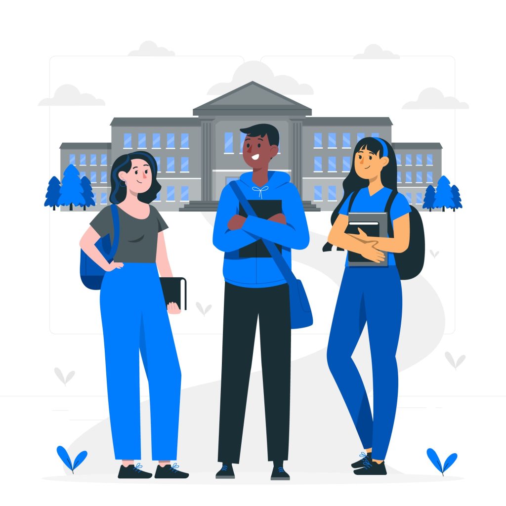 Three students are standing in front of a school building discussing the importance of financial education for students.