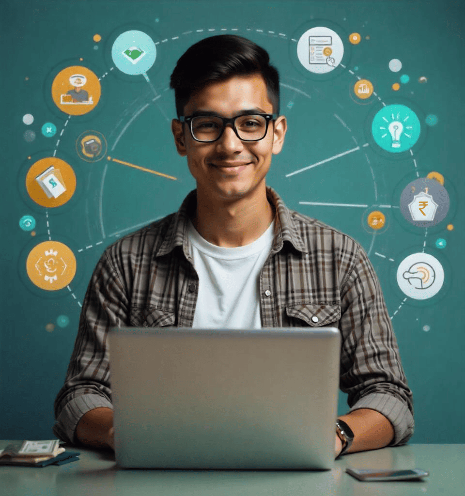 A man wearing glasses sits at a table with a laptop, surrounded by icons depicting "How to earn 2,000 rupees a day.