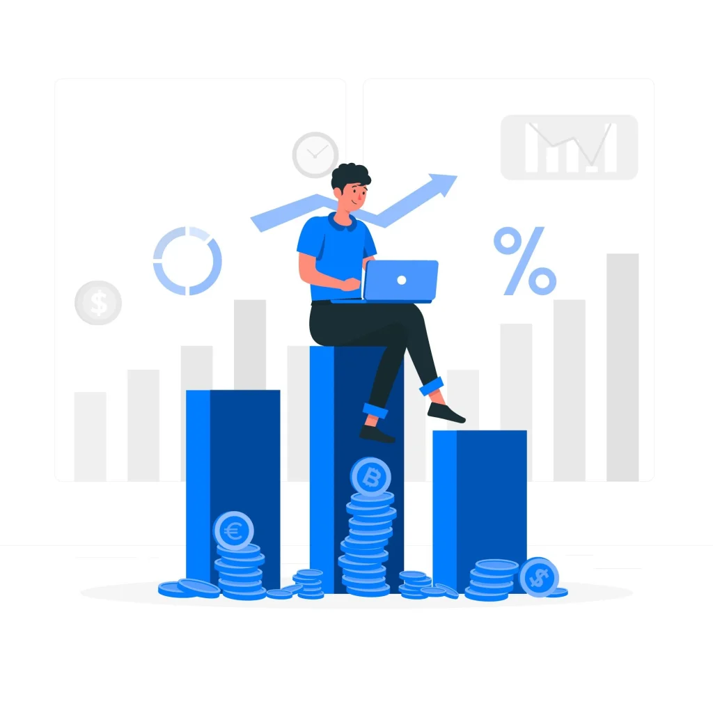 A young trader sitting on a bar chart, trying to learn how to become a profitable trader. There is a stack of Bitcoin, dollar, and euro coins beside him.