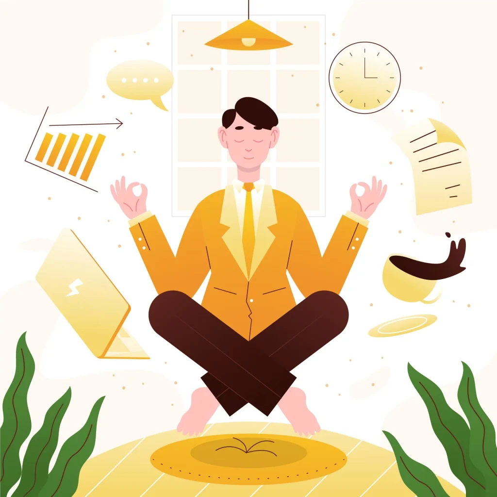 A businessman meditates in lotus position, with wealth-related objects around him, demonstrating how to have a wealthy mindset.