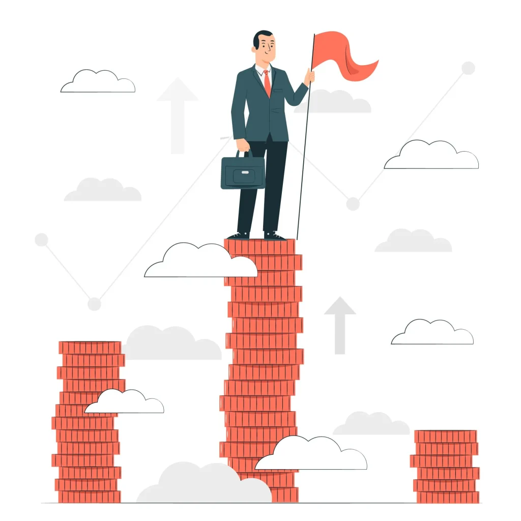 A millionaire standing triumphantly on a stack of coins, holding a flag symbolizing a significant financial milestone achieved.