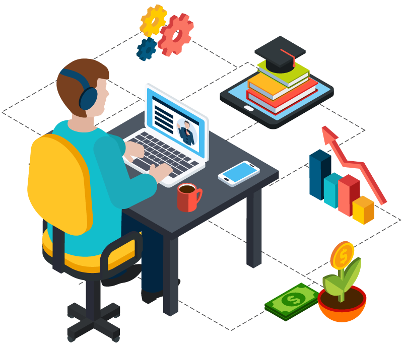 A student engaged with a laptop for online course with certificate, surrounded by symbols of success: dollar signs, graphs, and books.