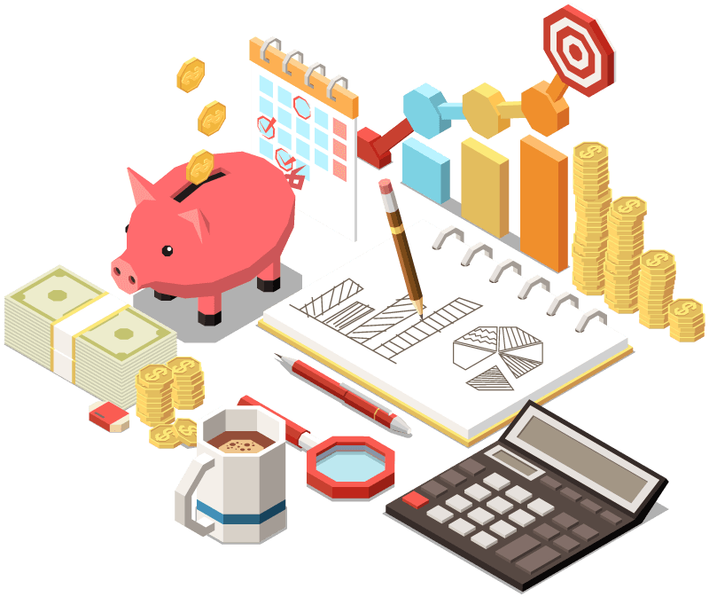 Illustration of a piggy bank and calculator, symbolizing savings and finance, with a focus on mutual fund courses in Malayalam.
