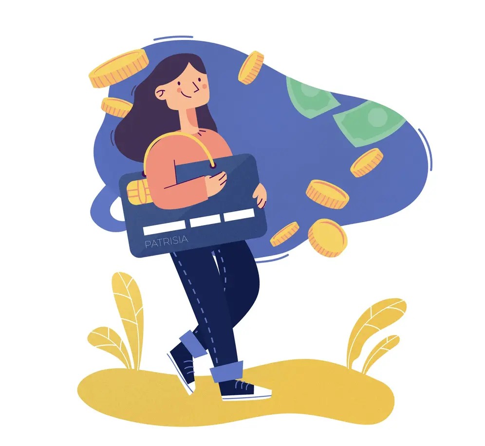 A woman holding a large credit card with coins and cash around her, symbolizing spending habits and lifestyle inflation.