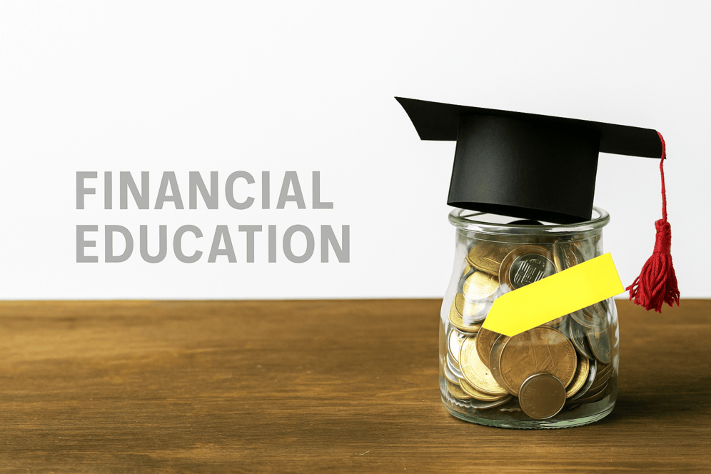 Glass jar filled with coins wearing a black graduation cap with a red tassel, placed on a wooden surface against a white background, with the words "FINANCIAL EDUCATION" in light grey on the left side.