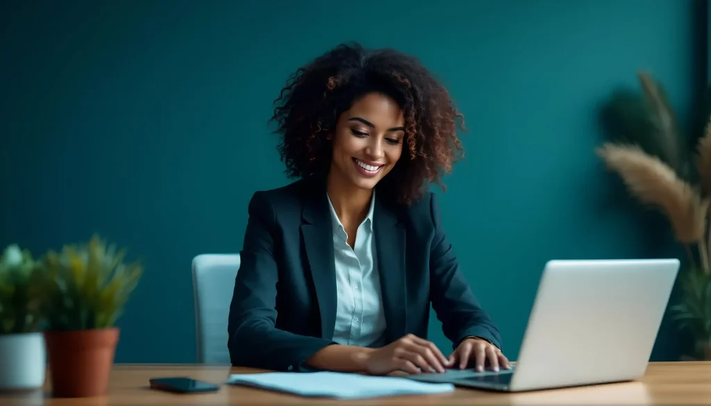 A smiling woman in a business suit working on a laptop at a desk, representing the concept of learning how to become a successful businesswoman.